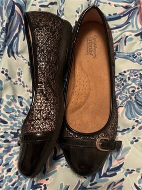 Ortholite by Croft & Barrow Black Silver Tweed & Patent Cap-Toe Flats Size 7.5W